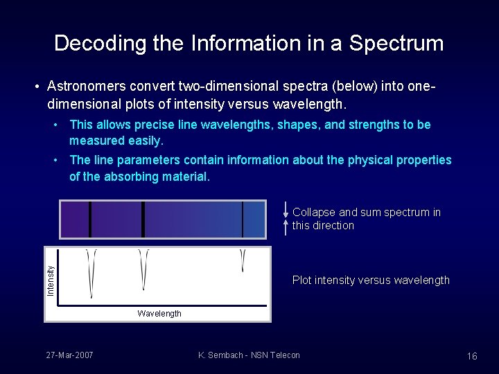 Decoding the Information in a Spectrum • Astronomers convert two-dimensional spectra (below) into onedimensional