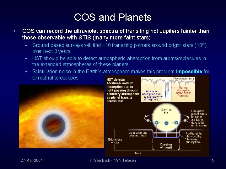 COS and Planets • COS can record the ultraviolet spectra of transiting hot Jupiters