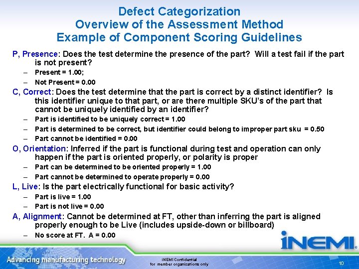 Defect Categorization Overview of the Assessment Method Example of Component Scoring Guidelines P, Presence: