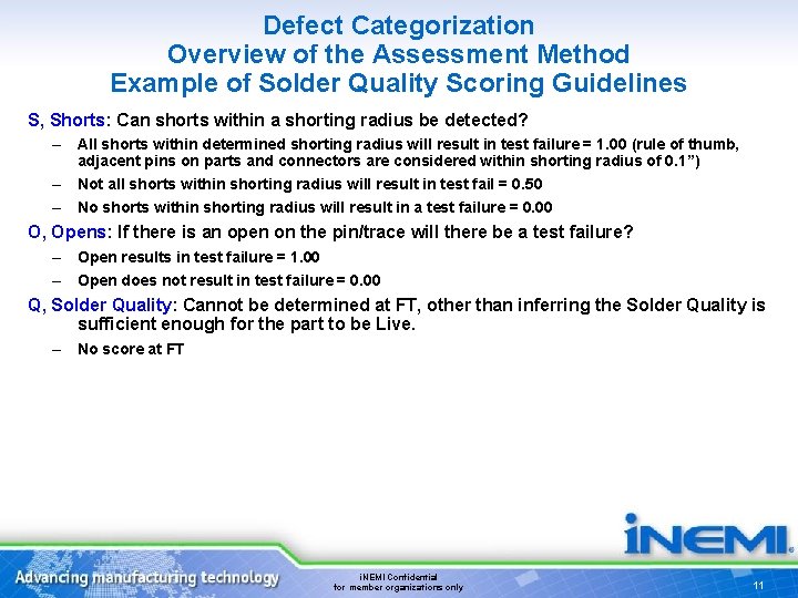 Defect Categorization Overview of the Assessment Method Example of Solder Quality Scoring Guidelines S,