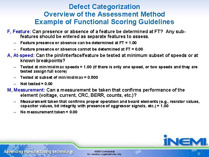 Defect Categorization Overview of the Assessment Method Example of Functional Scoring Guidelines F, Feature: