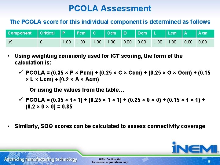 PCOLA Assessment The PCOLA score for this individual component is determined as follows Component