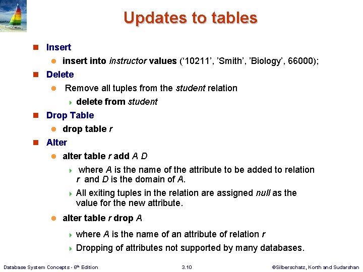 Updates to tables n Insert into instructor values (‘ 10211’, ’Smith’, ’Biology’, 66000); n