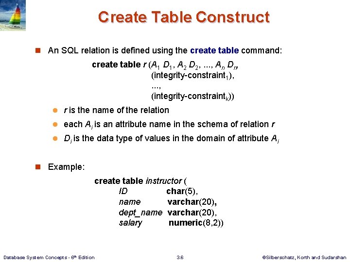 Create Table Construct n An SQL relation is defined using the create table command: