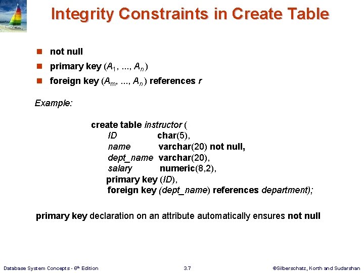 Integrity Constraints in Create Table n not null n primary key (A 1, .