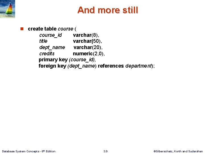 And more still n create table course ( course_id varchar(8), title varchar(50), dept_name varchar(20),
