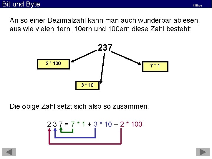 Bit und Byte Kilthau An so einer Dezimalzahl kann man auch wunderbar ablesen, aus