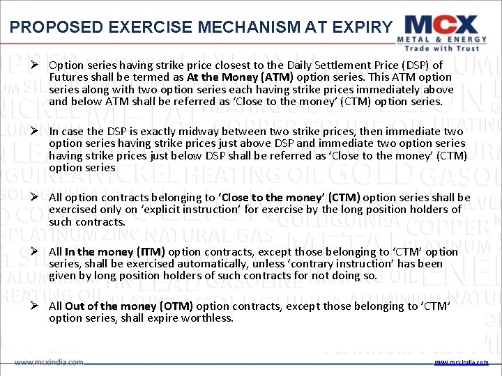 PROPOSED EXERCISE MECHANISM AT EXPIRY Option series having strike price closest to the Daily