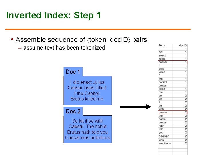 Inverted Index: Step 1 • Assemble sequence of token, doc. ID pairs. – assume