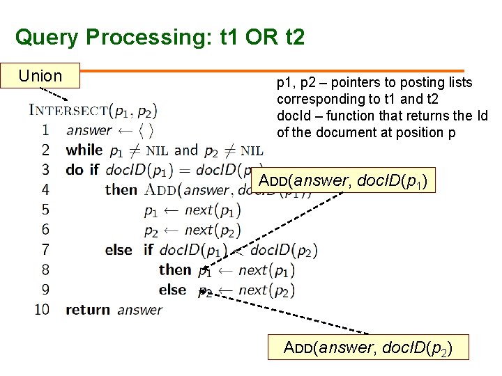 Query Processing: t 1 OR t 2 Union p 1, p 2 – pointers Query Processing: t 1 OR t 2 Union p 1, p 2 – pointers