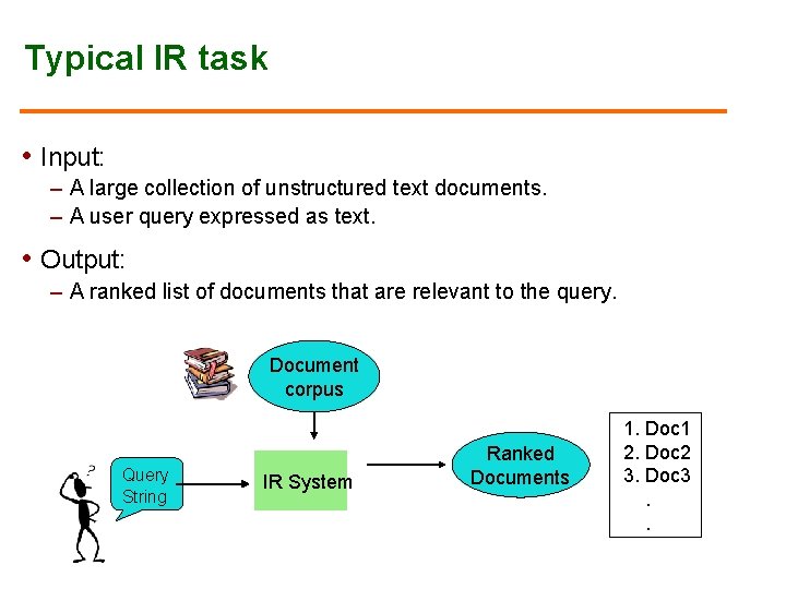 Typical IR task • Input: – A large collection of unstructured text documents. –
