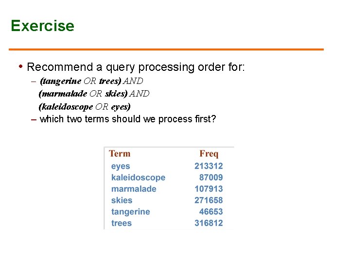 Exercise • Recommend a query processing order for: – (tangerine OR trees) AND (marmalade