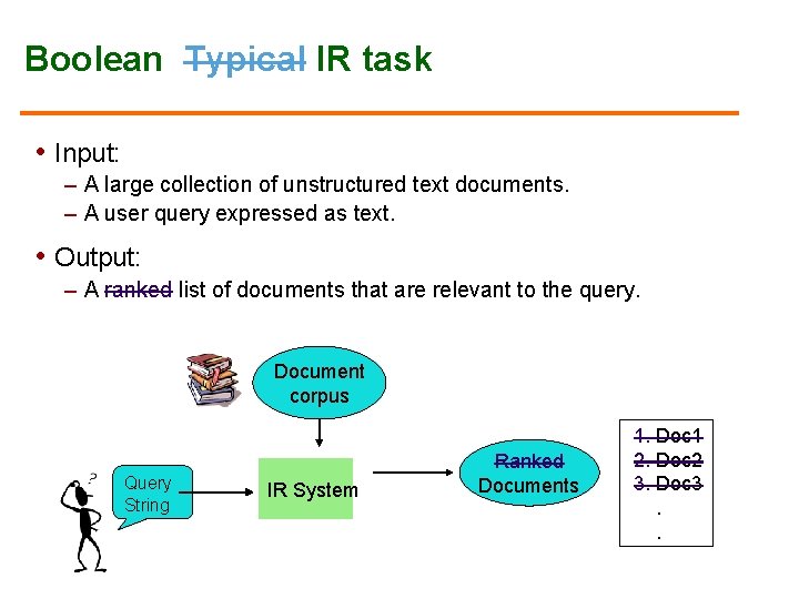 Boolean Typical IR task • Input: – A large collection of unstructured text documents.