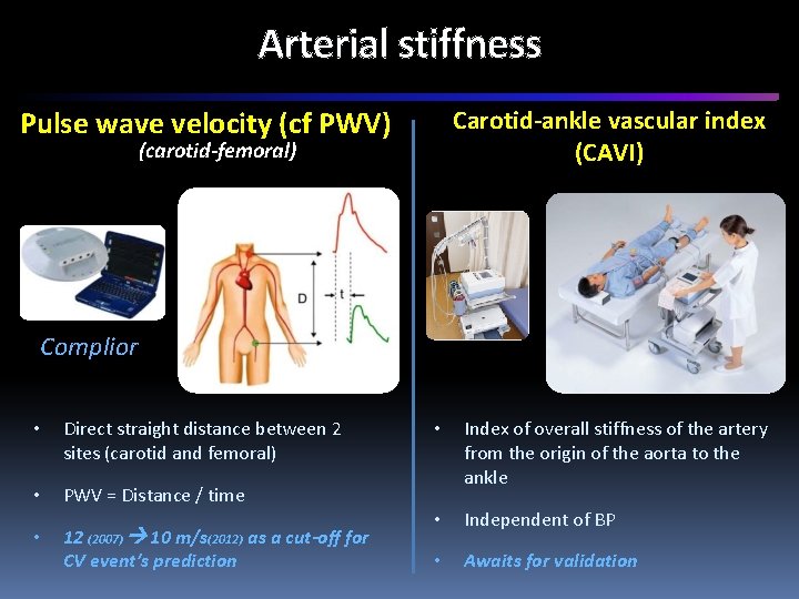 Arterial stiffness Pulse wave velocity (cf PWV) Carotid-ankle vascular index (CAVI) (carotid-femoral) Complior •