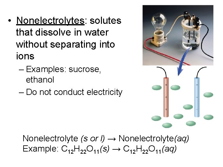  • Nonelectrolytes: solutes that dissolve in water without separating into ions – Examples: