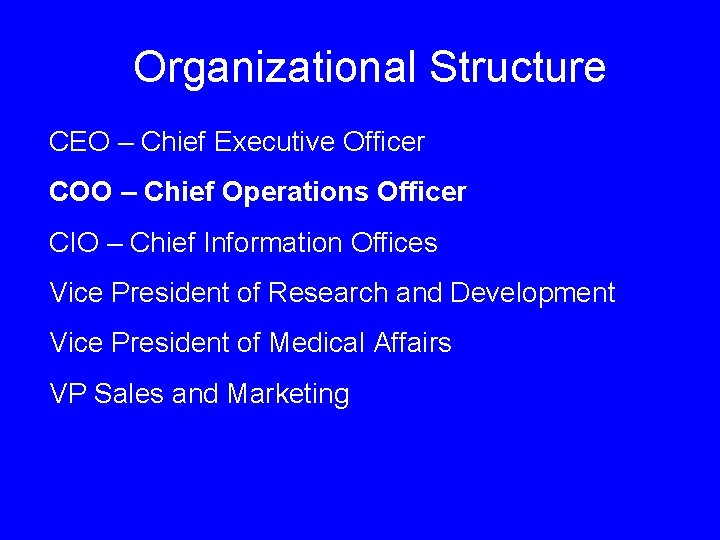 Organizational Structure CEO – Chief Executive Officer COO – Chief Operations Officer CIO –