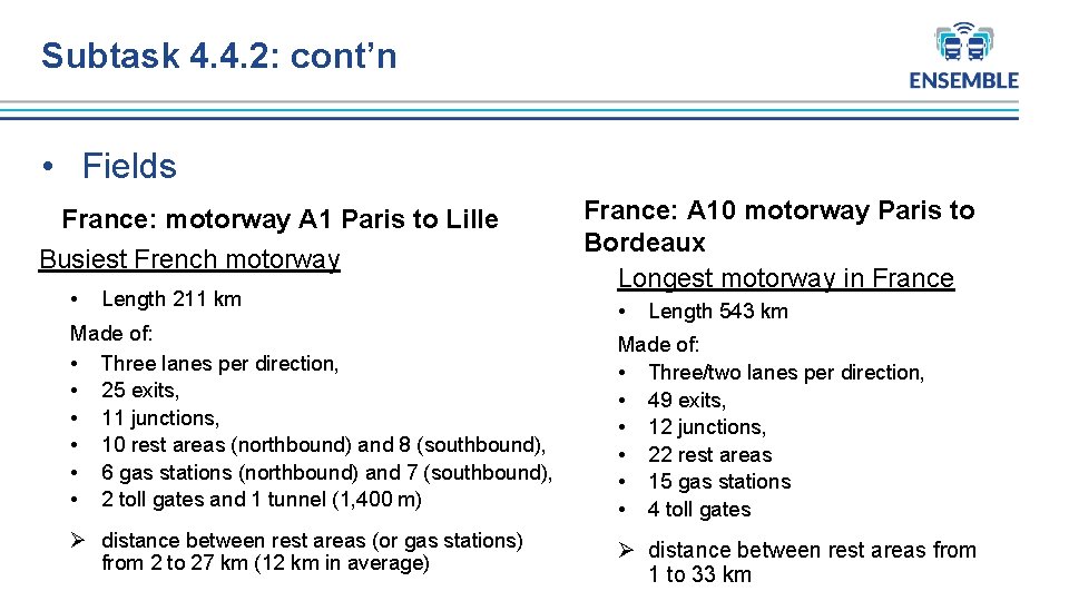 Subtask 4. 4. 2: cont’n • Fields France: motorway A 1 Paris to Lille