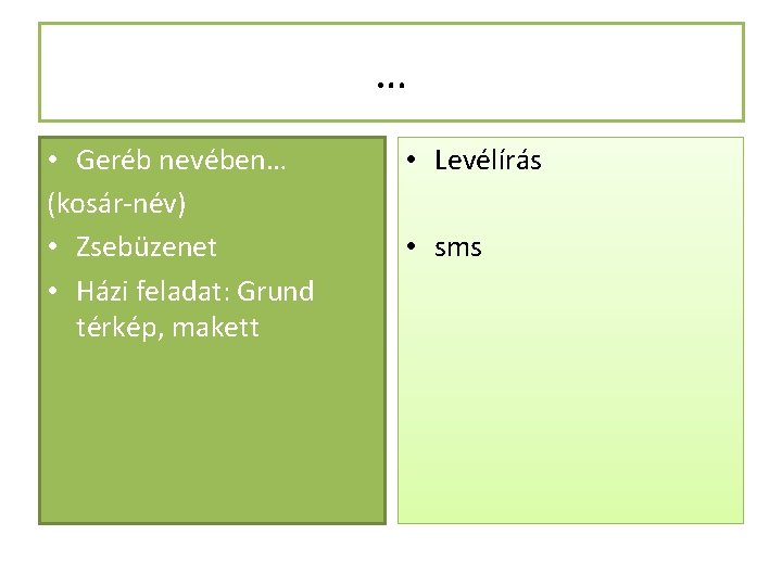 … • Geréb nevében… (kosár-név) • Zsebüzenet • Házi feladat: Grund térkép, makett •