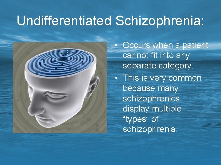 Undifferentiated Schizophrenia: • Occurs when a patient cannot fit into any separate category. •