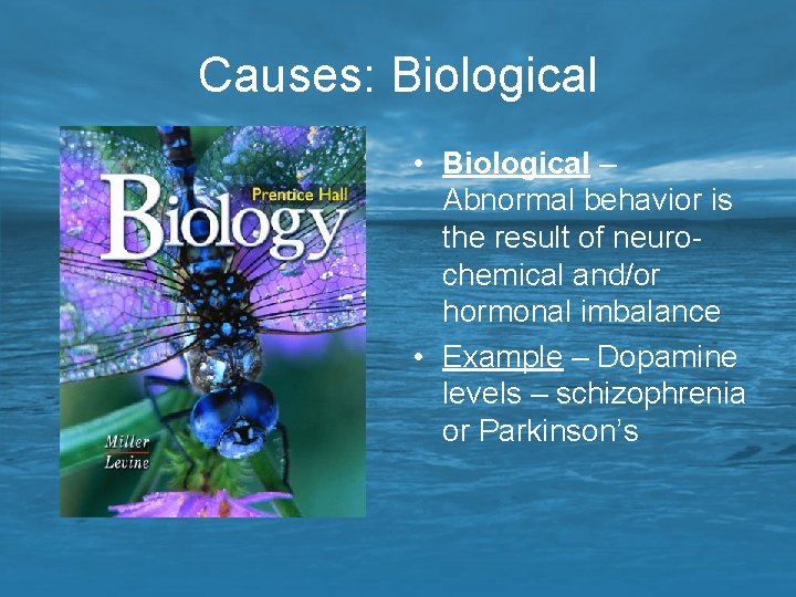 Causes: Biological • Biological – Abnormal behavior is the result of neurochemical and/or hormonal