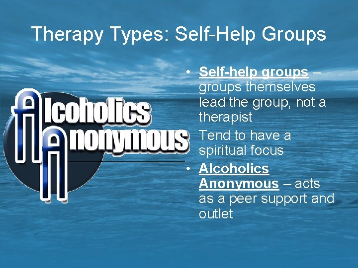 Therapy Types: Self-Help Groups • Self-help groups – groups themselves lead the group, not