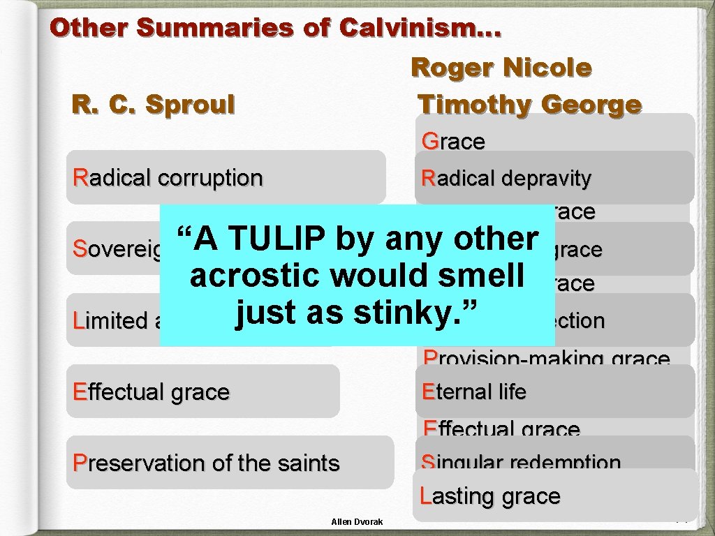 Other Summaries of Calvinism… Roger Nicole R. C. Sproul Timothy George Grace Radical corruption
