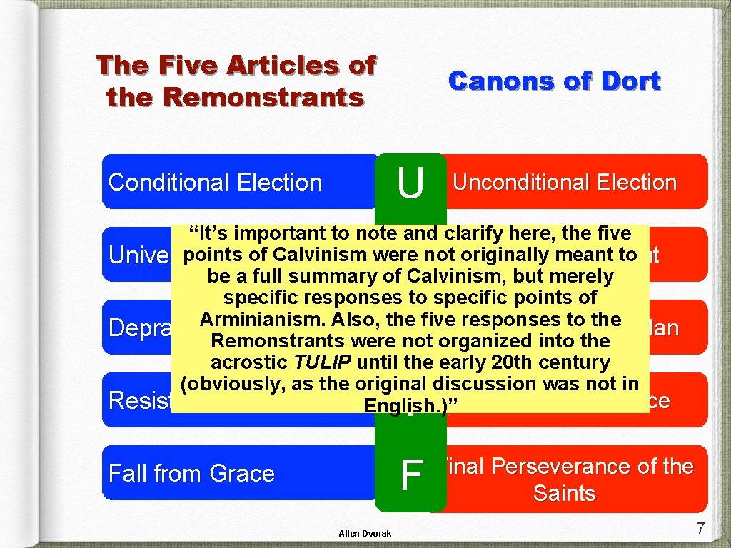 The Five Articles of the Remonstrants Canons of Dort U Conditional Election Unconditional Election