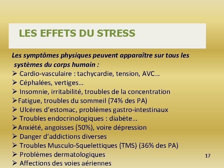 LES EFFETS DU STRESS Les symptômes physiques peuvent apparaître sur tous les systèmes du