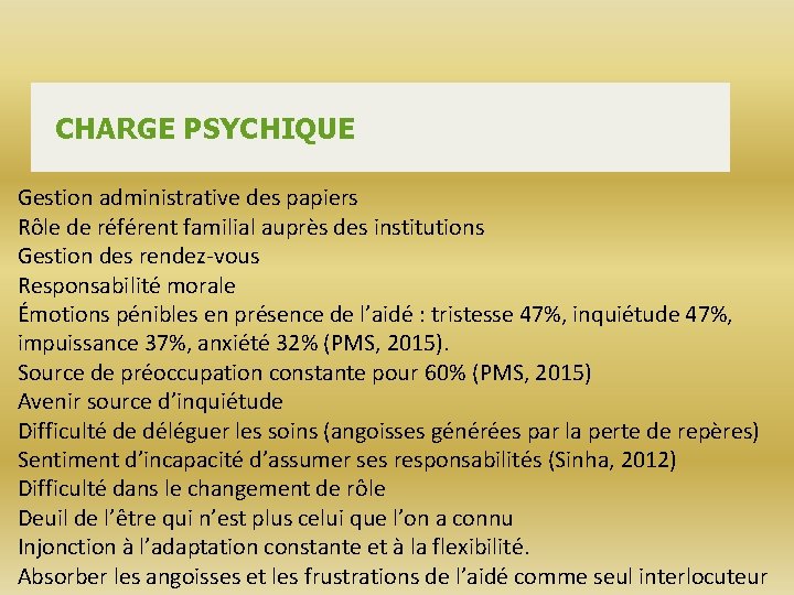 CHARGE PSYCHIQUE Gestion administrative des papiers Rôle de référent familial auprès des institutions Gestion