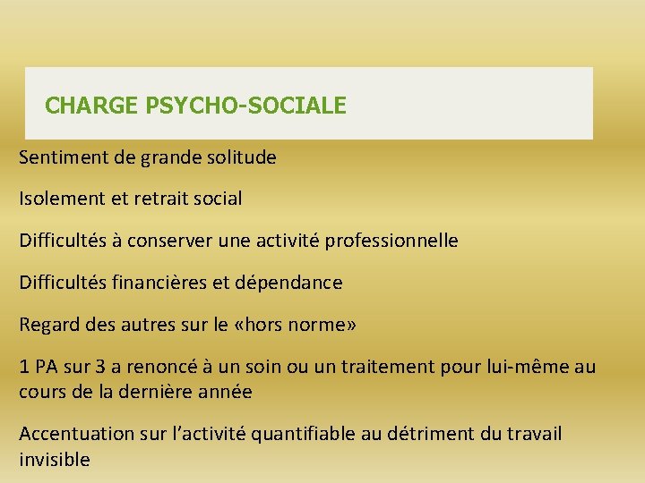 CHARGE PSYCHO-SOCIALE Sentiment de grande solitude Isolement et retrait social Difficultés à conserver une