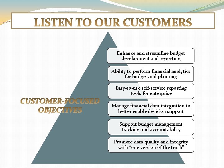 Enhance and streamline budget development and reporting Ability to perform financial analytics for budget