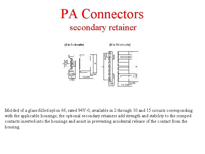 PA Connectors secondary retainer Molded of a glass-filled nylon 66, rated 94 V-0, available