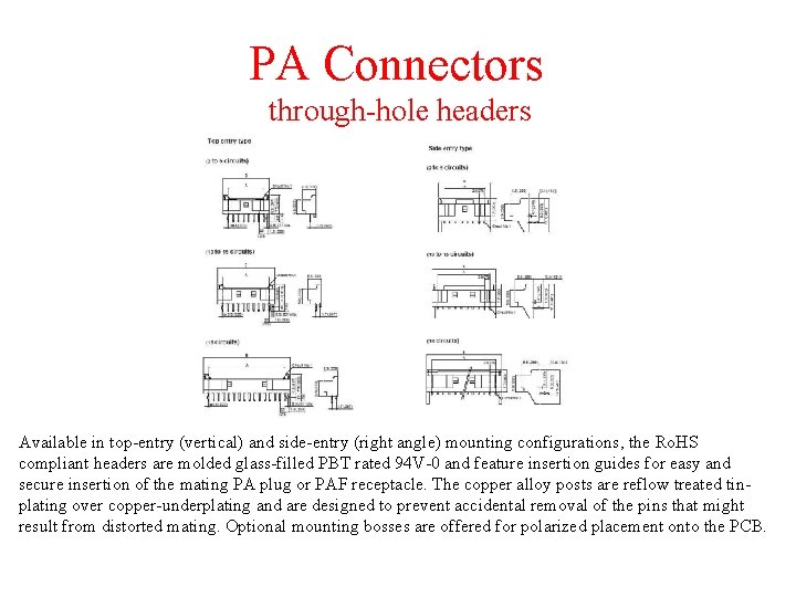 PA Connectors through-hole headers Available in top-entry (vertical) and side-entry (right angle) mounting configurations,