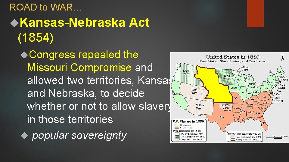 ROAD to WAR… Kansas-Nebraska Act (1854) Congress repealed the Missouri Compromise and allowed two
