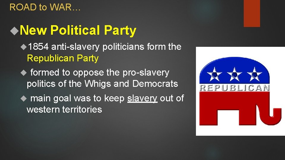 ROAD to WAR… New Political Party 1854 anti-slavery politicians form the Republican Party formed