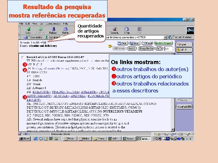 Resultado da pesquisa mostra referências recuperadas Quantidade de artigos recuperados Os links mostram: outros