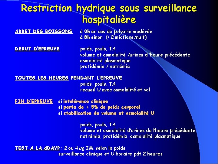 Restriction hydrique sous surveillance hospitalière ARRET DES BOISSONS à 0 h en cas de