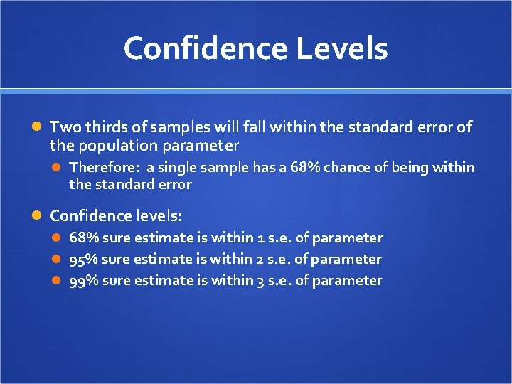 Confidence Levels Two thirds of samples will fall within the standard error of the