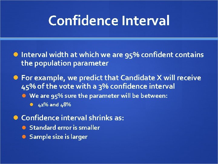 Confidence Interval width at which we are 95% confident contains the population parameter For