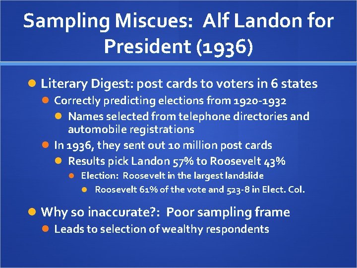 Sampling Miscues: Alf Landon for President (1936) Literary Digest: post cards to voters in