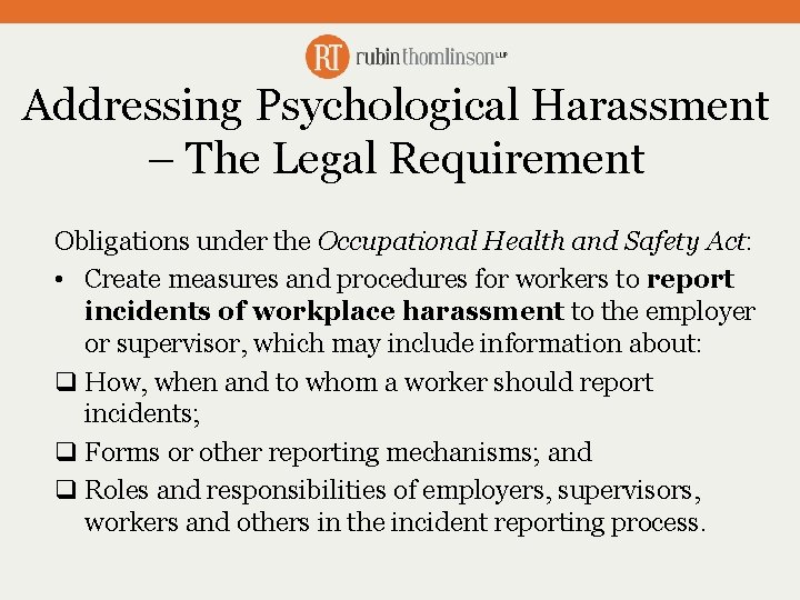 Addressing Psychological Harassment – The Legal Requirement Obligations under the Occupational Health and Safety