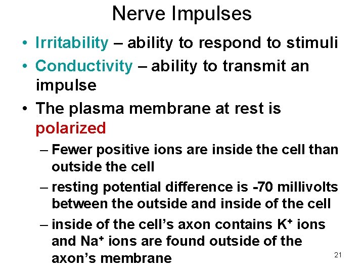 Nerve Impulses • Irritability – ability to respond to stimuli • Conductivity – ability