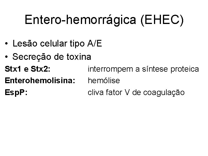 Entero-hemorrágica (EHEC) • Lesão celular tipo A/E • Secreção de toxina Stx 1 e