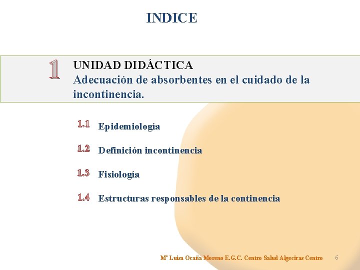 INDICE 1 UNIDAD DIDÁCTICA Adecuación de absorbentes en el cuidado de la incontinencia. 1.