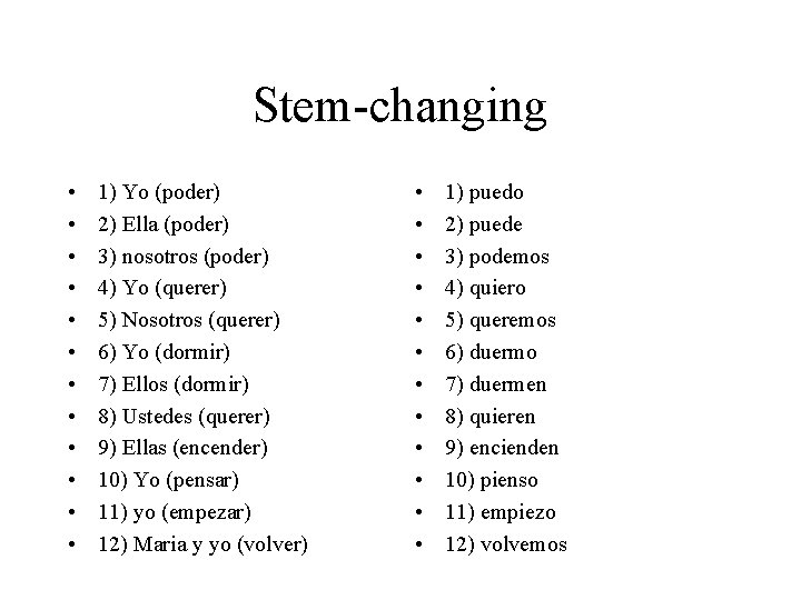 Stem-changing • • • 1) Yo (poder) 2) Ella (poder) 3) nosotros (poder) 4)