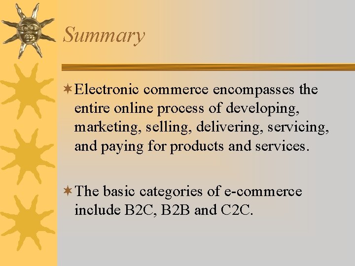 Summary ¬Electronic commerce encompasses the entire online process of developing, marketing, selling, delivering, servicing,