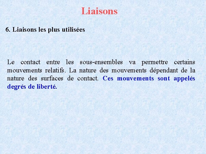 Liaisons 6. Liaisons les plus utilisées Le contact entre les sous-ensembles va permettre certains