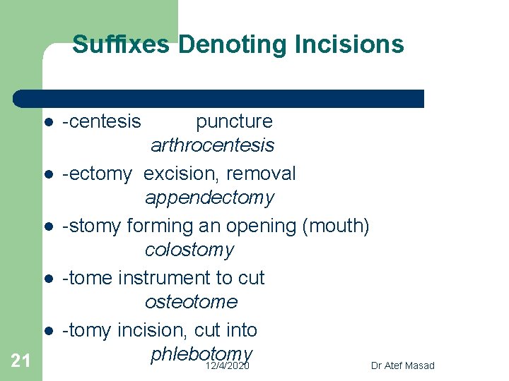 Suffixes Denoting Incisions l l l 21 -centesis puncture arthrocentesis -ectomy excision, removal appendectomy