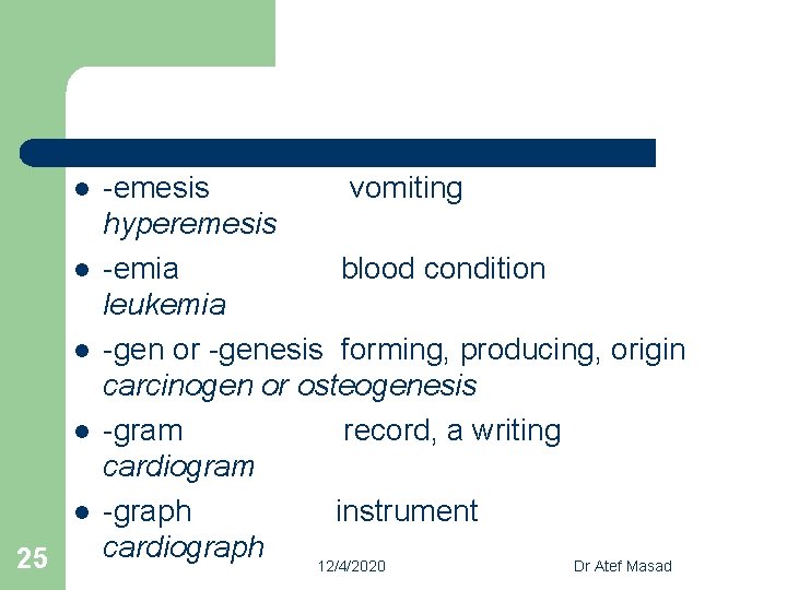 l l l 25 -emesis vomiting hyperemesis -emia blood condition leukemia -gen or -genesis