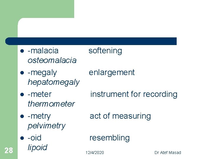 l l l 28 -malacia softening osteomalacia -megaly enlargement hepatomegaly -meter instrument for recording